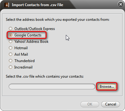 Choose google contacts to import